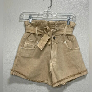 Forever 21 High Waisted Tie in Front Tan Denim  Cuffed Shorts Size 25
